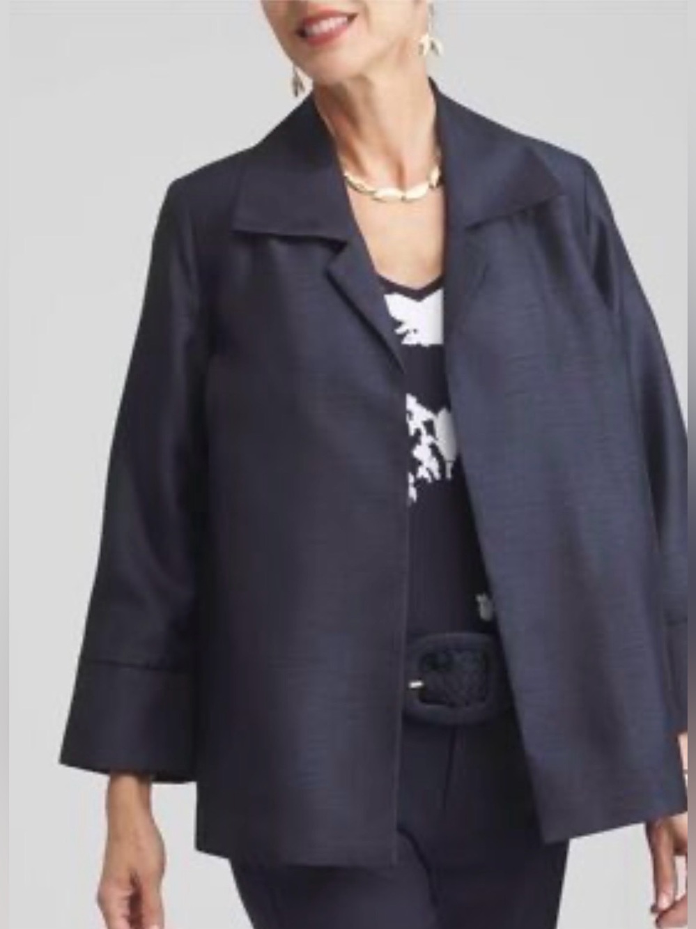 Chico’s Classic Navy Women’s shantung topper jacket  Open Front Coat size large